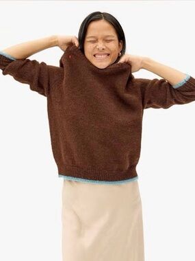 Clare V Alpaca Blend Knit Dark Brown Blue Trim Crewneck Sweater size medium